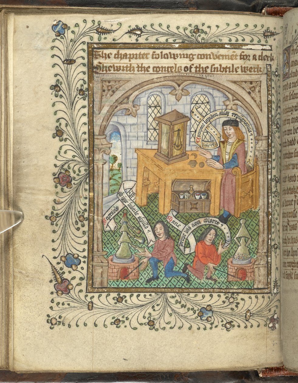 Két férfi, akik kemencéket gondoznak, és egy taláros tudós, talán Norton, alembikusokkal, Thomas Norton (vellum) „Ordinal of Alchemy” című művéből alkotó: English School