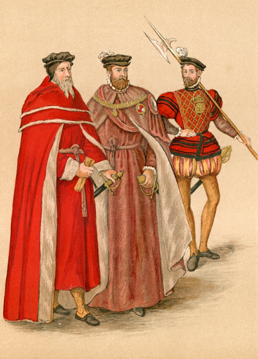 Két egyenrangú katona köntösben és egy halberdier (színes lithó) alkotó: English School