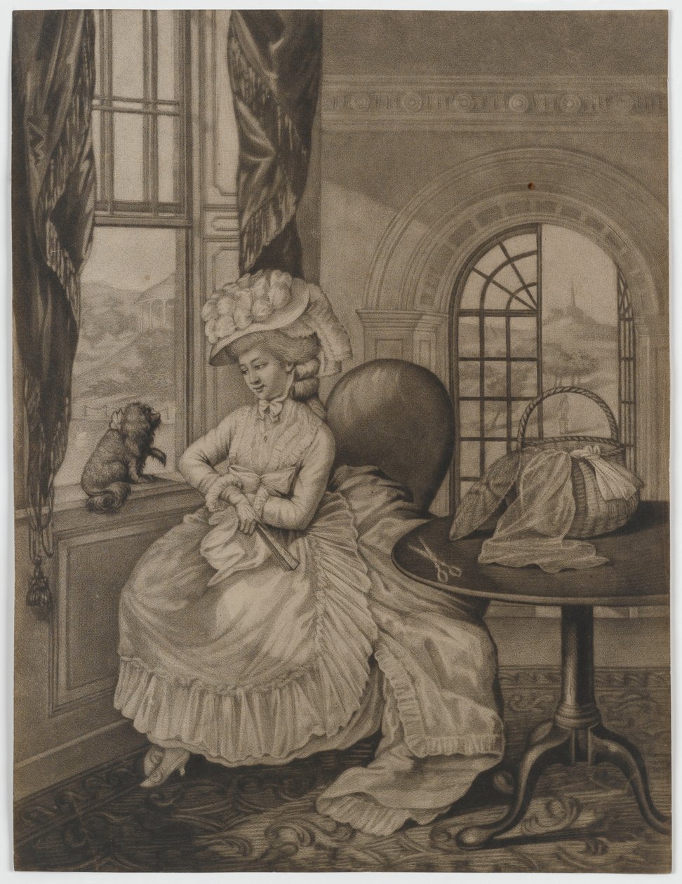 Untitled (ablaknál ülő nő egy kis kutyával kapcsolatban), 1780 körül (mezzotint) alkotó: English School