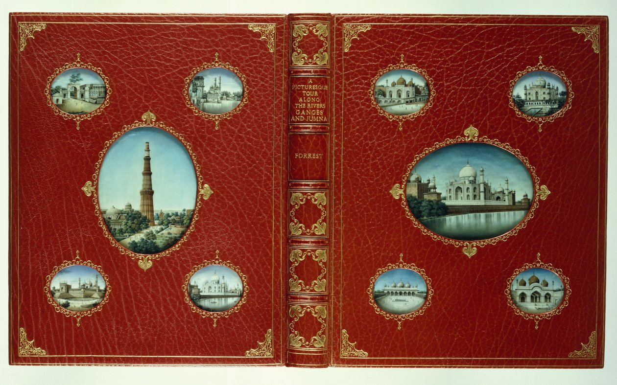 Felső és alsó borító, tíz ovális mecsetminiatúra, aranyozott szegéllyel alkotó: English School