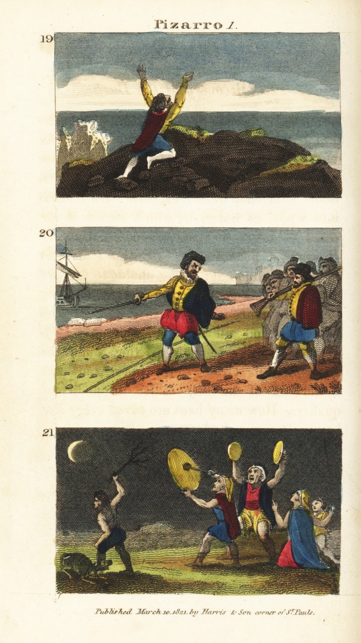 Vasco Nunez de Balboa eléri a Csendes-óceánt 19, Francisco Pizarro vonallal választja el embereit a homokban a Gallo-szigeten 20, és a holdfogyatkozástól félő peruiak 21 alkotó: English School