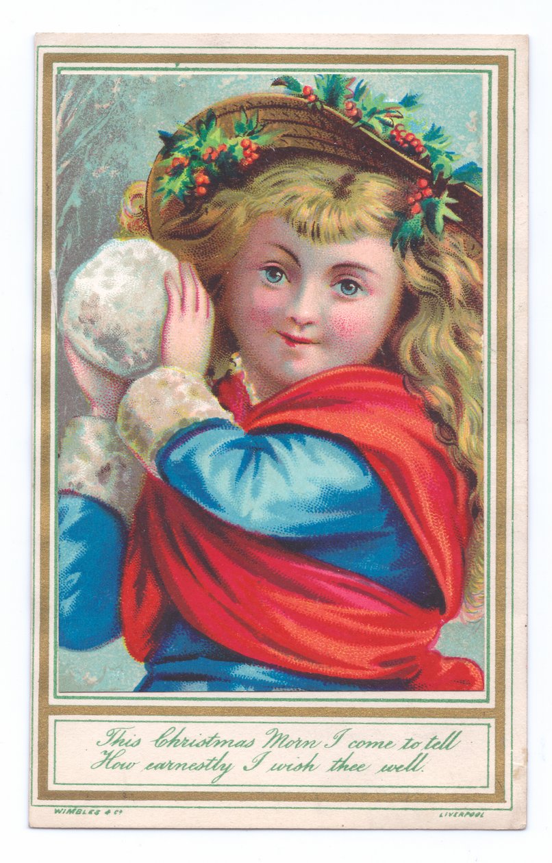 Viktoriánus karácsonyi üdvözlőlap egy kalapot viselő gyerekről, hógolyót tartó magyalokkal, 1880 körül (színes litó) alkotó: English School