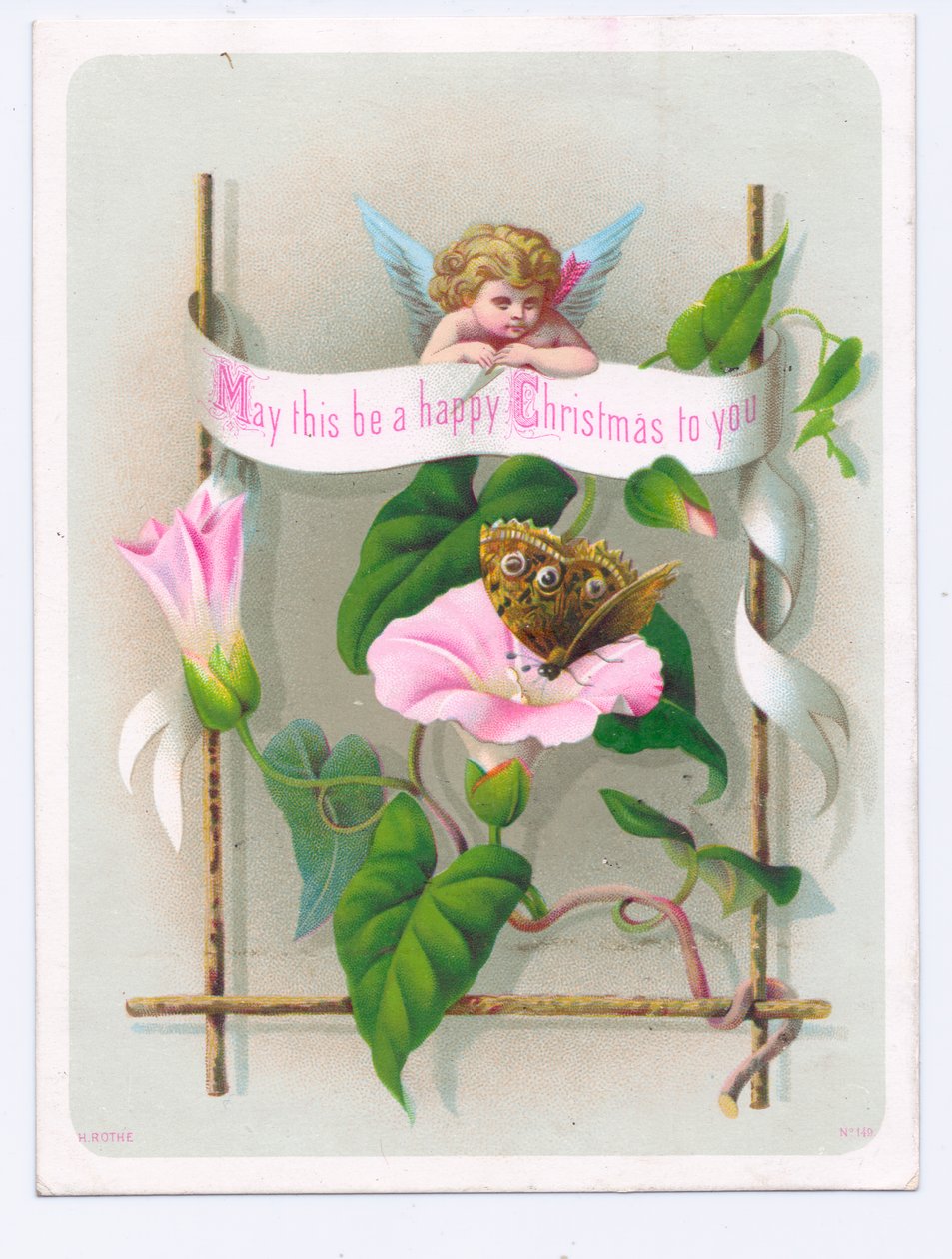 Viktoriánus karácsonyi üdvözlőlap, amelyen egy rózsaszín virágon pillangót bámuló Ámor látható, 1880 körüli (színes litográfia) alkotó: English School