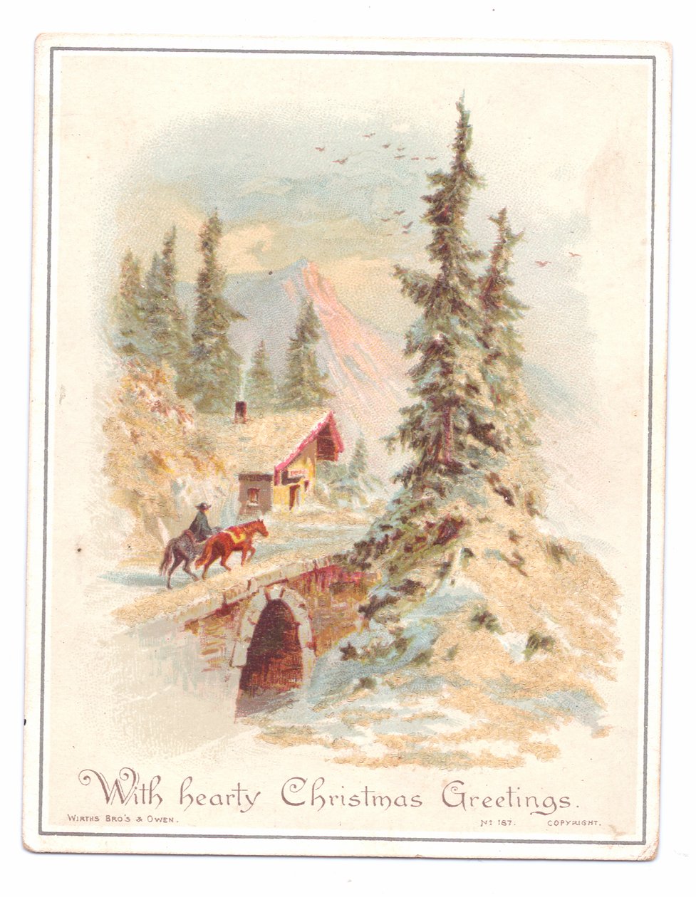 Viktoriánus karácsonyi üdvözlőlap egy férfiról és két lóról, akik átkelnek egy hídon, 1880 körül (színes litó) alkotó: English School