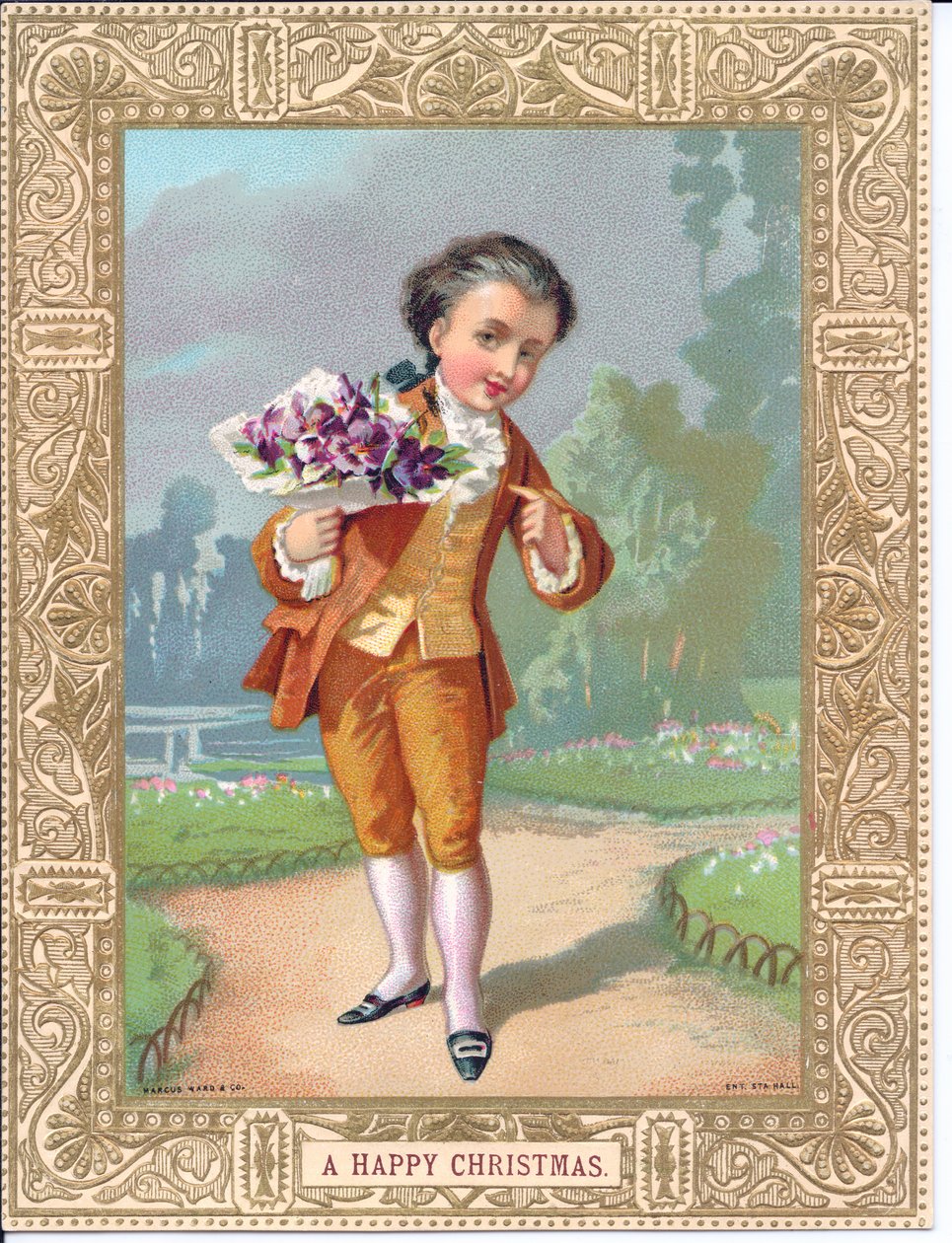 Viktoriánus karácsonyi üdvözlőlap egy viktoriánus ruhába öltözött fiatal fiúról, kezében egy csokor virág, 1880 körül (színes litó) alkotó: English School