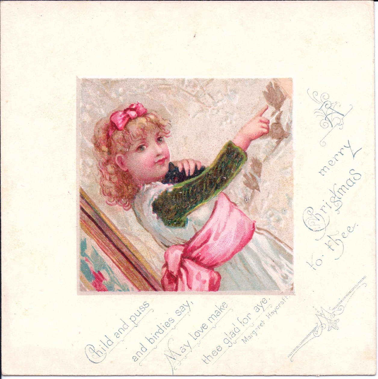 Viktoriánus karácsonyi üdvözlőlap egy fiatal lányról, aki macskát tart, és ujját mutat valamire, 1880 körül (színes litó) alkotó: English School