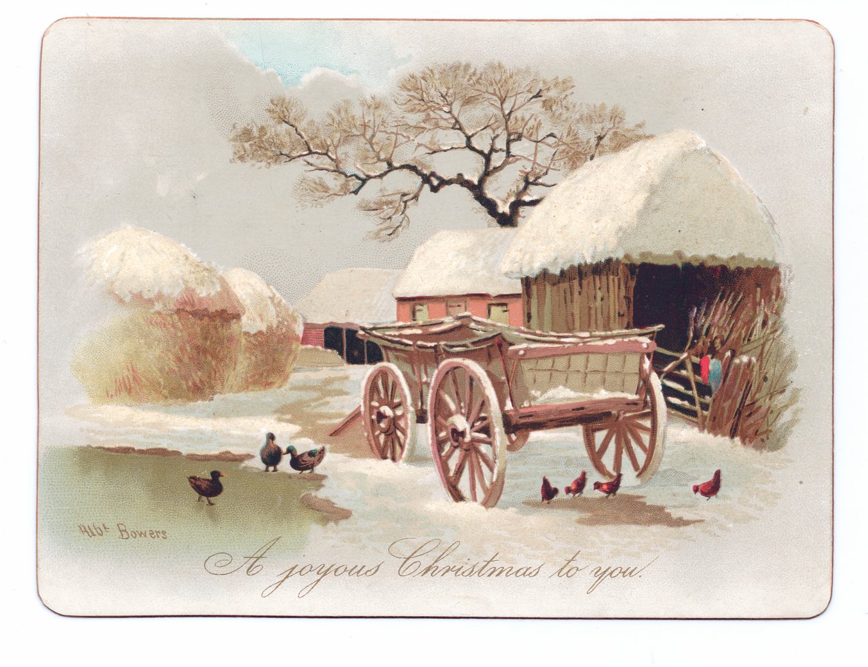 Viktoriánus karácsonyi üdvözlőlap kacsákkal és csirkével egy tanya közelében, 1880 körül (színes litó) alkotó: English School