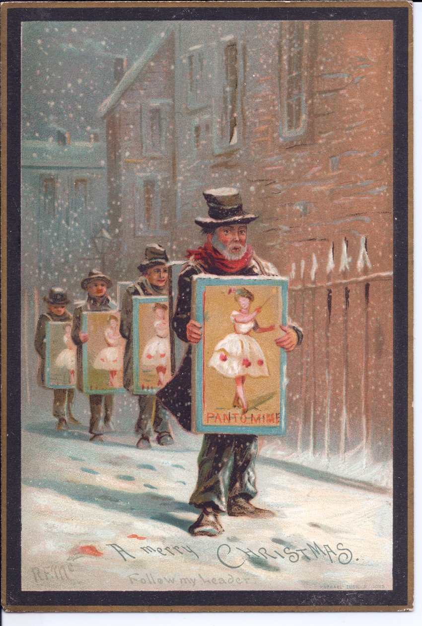 Viktoriánus karácsonyi üdvözlőlap négy hóban sétáló férfival, pantomimot hirdető deszkákkal, 1880 körül (színes litó) alkotó: English School