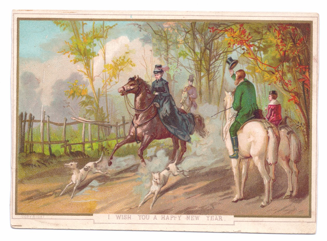 Viktoriánus újévi üdvözlőlap egy lovas nő két kutyával, akit egy másik pár üdvözöl, 1880 körül (színes litográfia) alkotó: English School