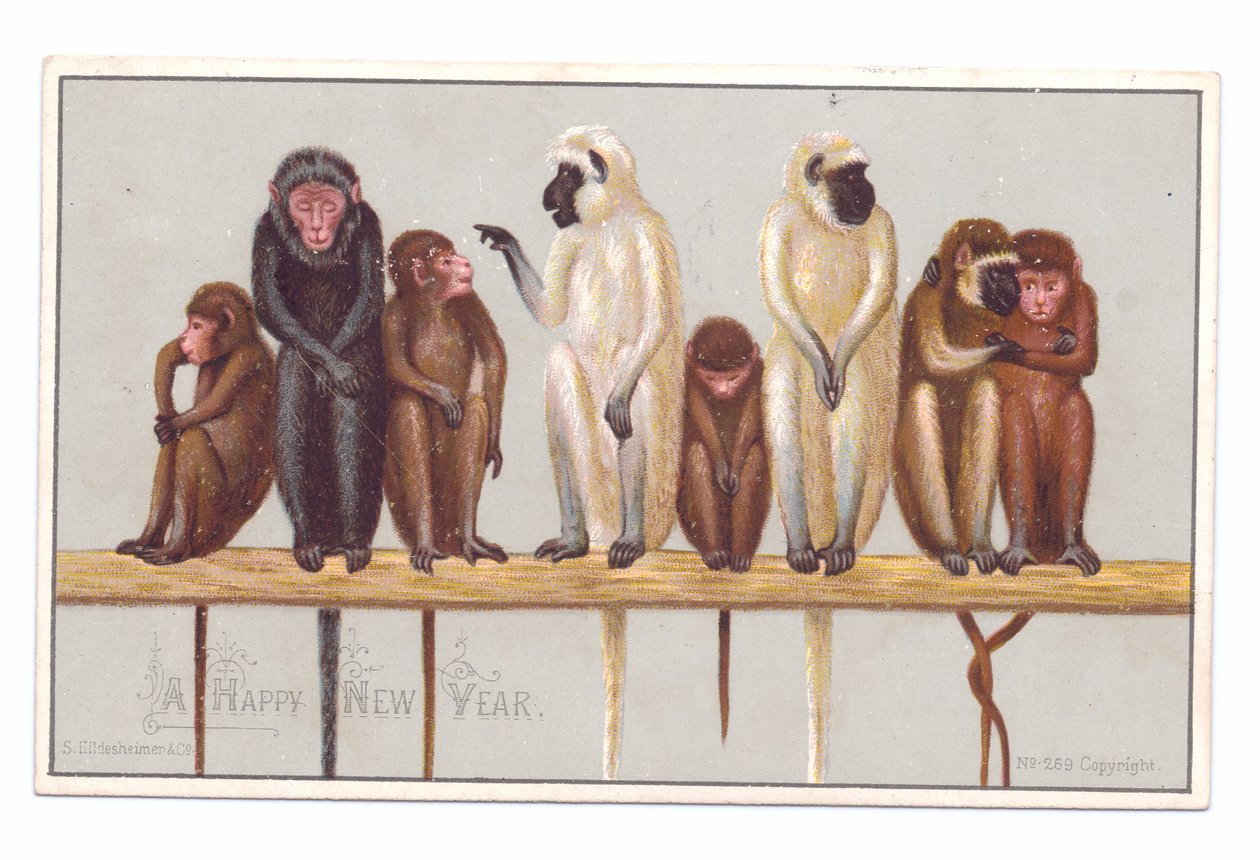 Viktoriánus újévi üdvözlőlap nyolc majommal egy párkányon, 1880 körül (színes litográfia) alkotó: English School