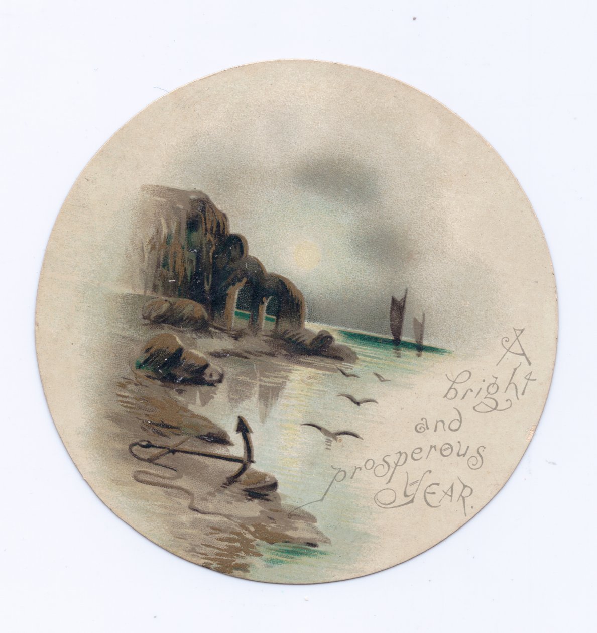 Viktoriánus, körkörös újévi kártya tengeri tájképről két jachttal egy holdfényes éjszakán, 1880 körül (színes litó) alkotó: English School
