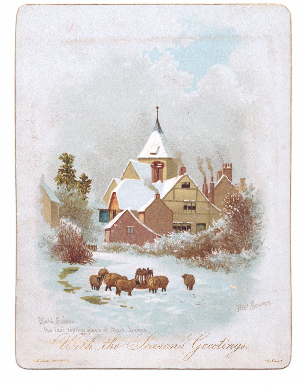 Viktoriánus üdvözlőlap egy templom közelében a hóban kóborló juhokról, 1880 körül (színes litó) alkotó: English School