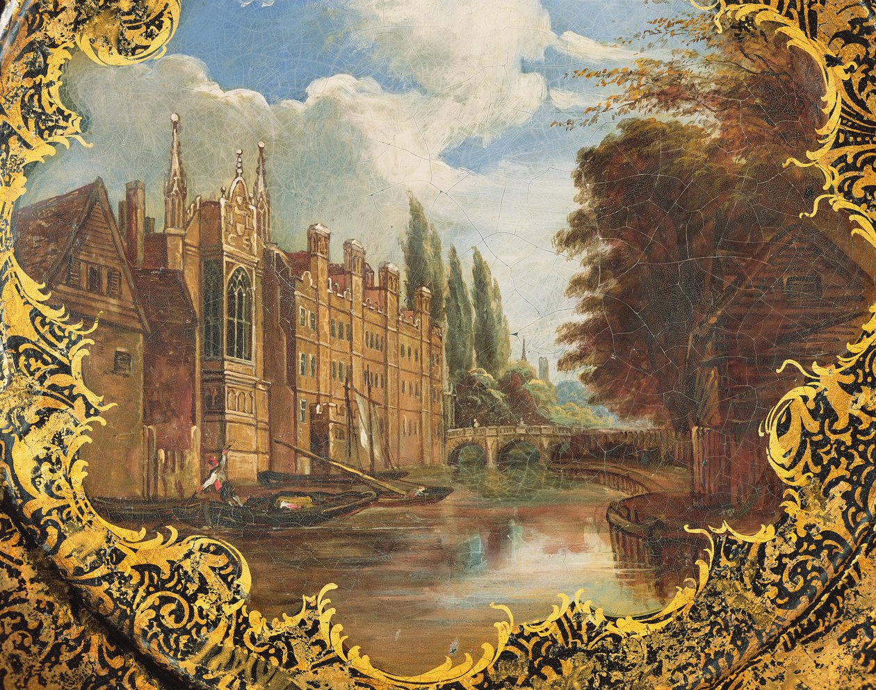 Viktoriánus tányér, amely a cambridge-i St. Johns College, a Third Court és a híd jelenetével díszített (papírmasé) alkotó: English School