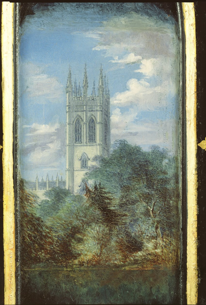 Viktoriánus varrószekrény panel, az oxfordi Magdalen College jelenetével díszítve (papírmasé) alkotó: English School