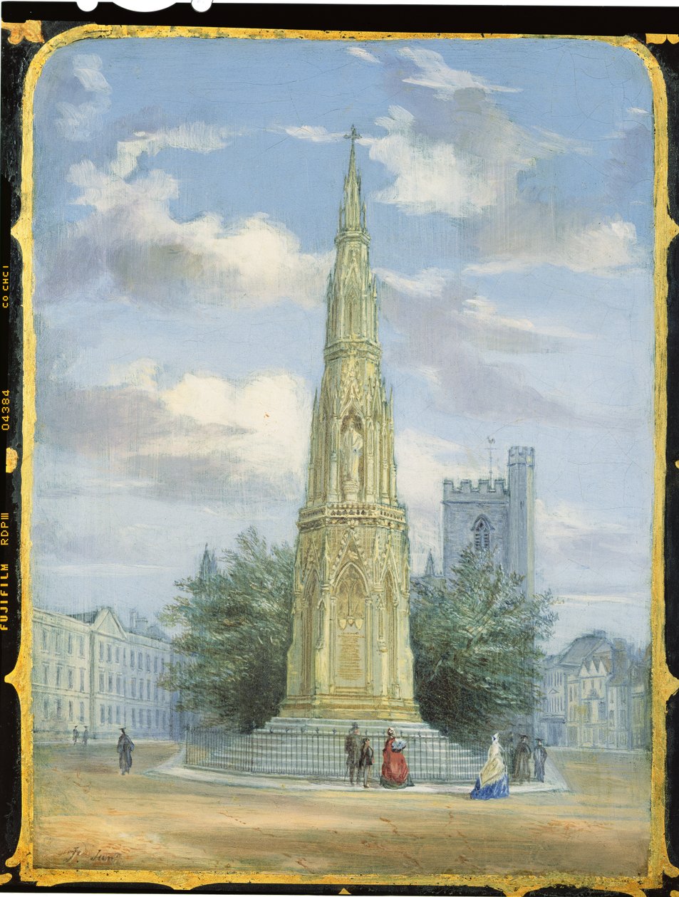 Viktoriánus varrószekrény panel, az oxfordi Mártírok emlékművének jelenetével (papírmasé) alkotó: English School
