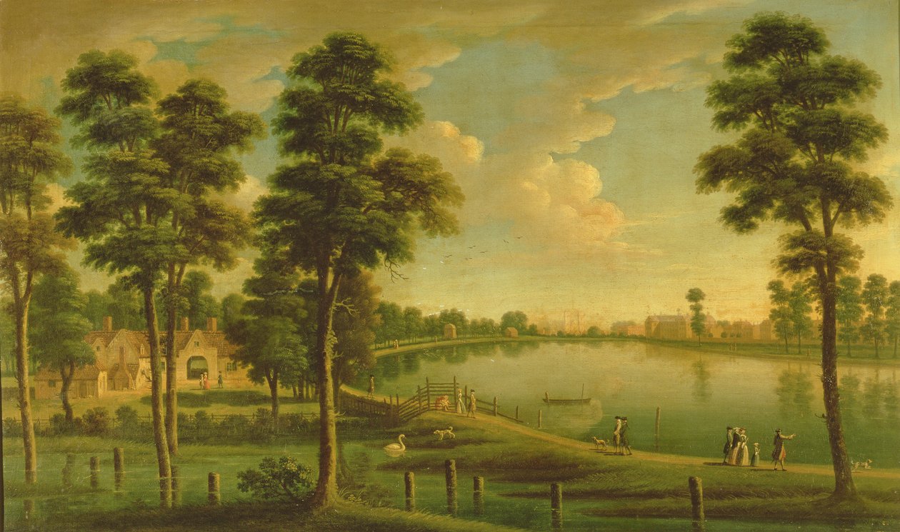 Kilátás a Chelsea-víztározóra és a vízművekre, a Westminster apátsággal a távolban, 1725 körül alkotó: English School