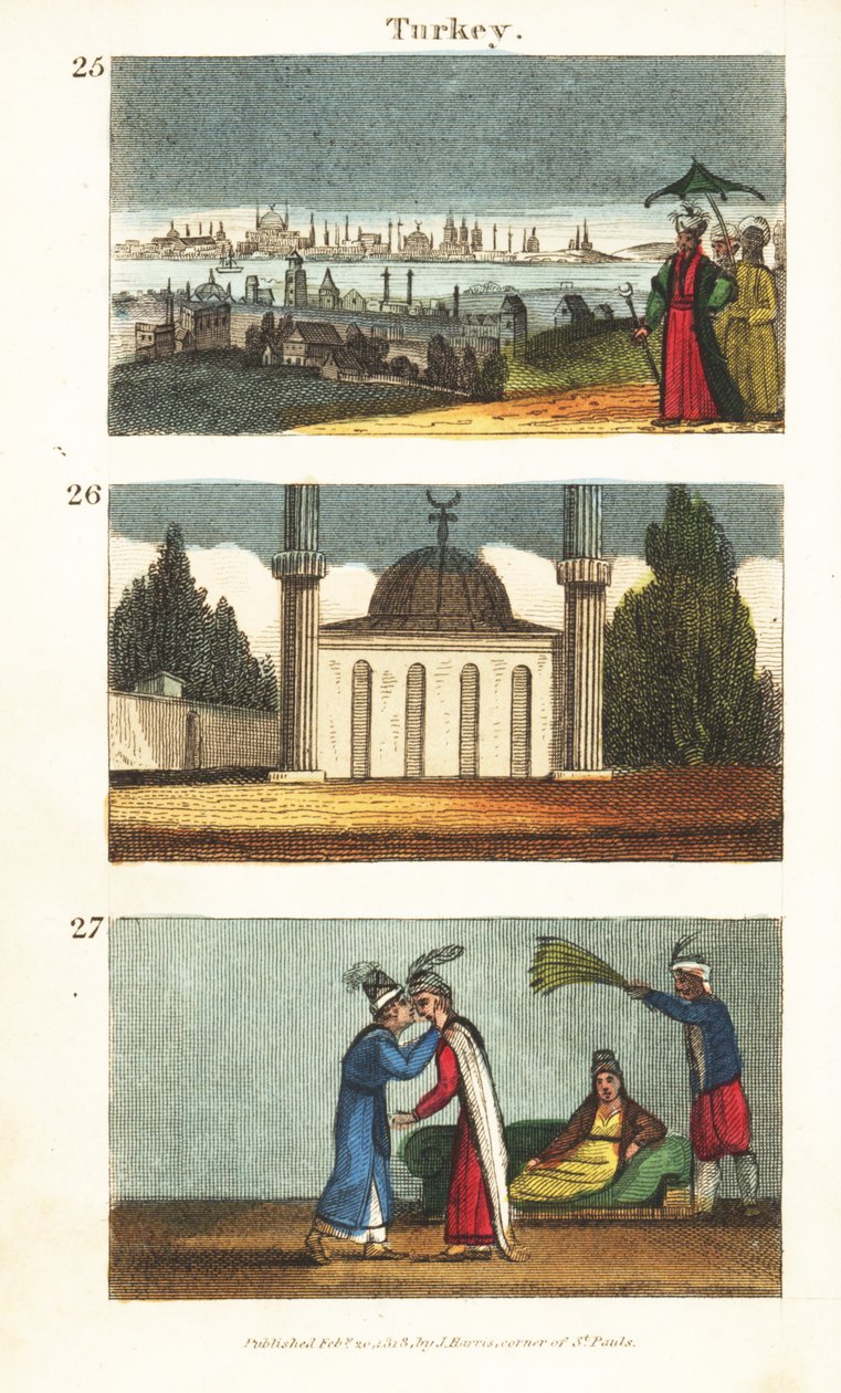 Konstantinápoly (Isztambul) látványa a 19. század elején 25, muszlim mecset kupolával és minaretekkel 26, valamint egymás szemén csókolózó fiatal görög nők 27 alkotó: English School