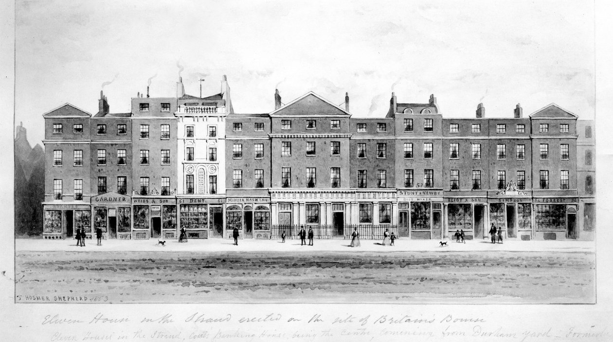 Kilátás a régi Bourse helyén emelt tizenegy házra, a Stranden, 1853 (rajz) alkotó: English School