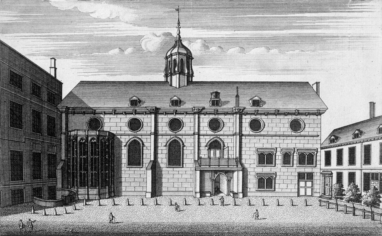 Kilátás a Grocers Hallra, amikor a Bank of Englandnek volt otthona, 1730 körül alkotó: English School