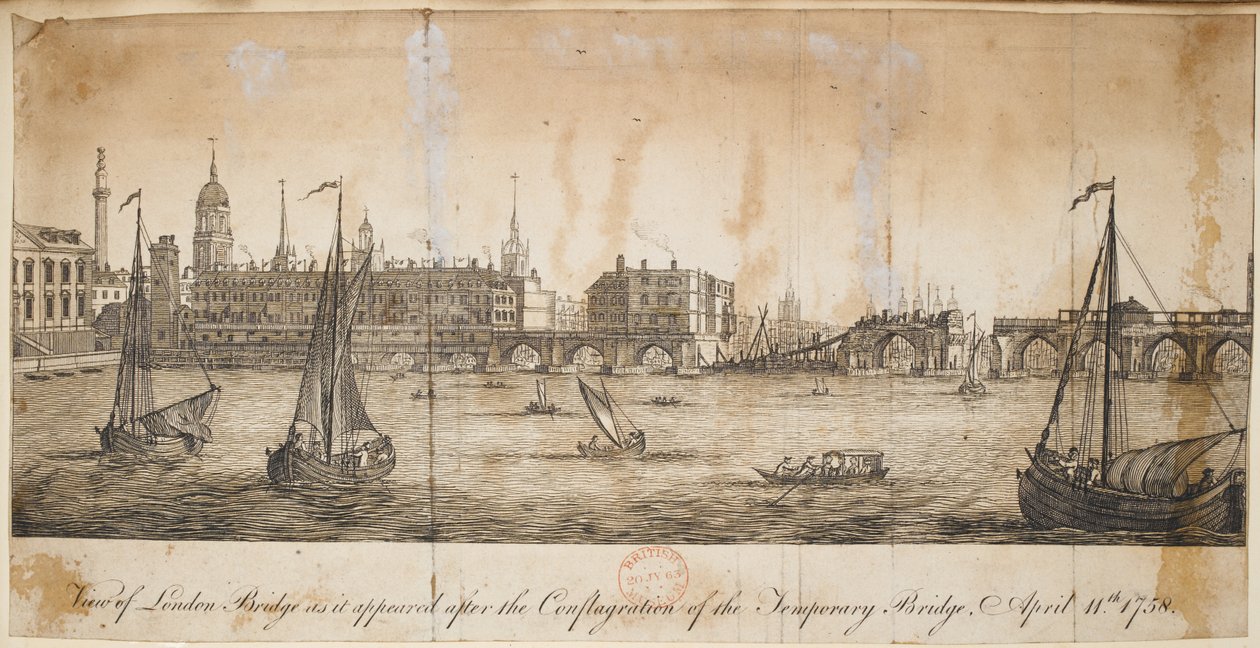 A London Bridge látképe, ahogyan az ideiglenes híd összeépítése után látszott, április 11. alkotó: English School
