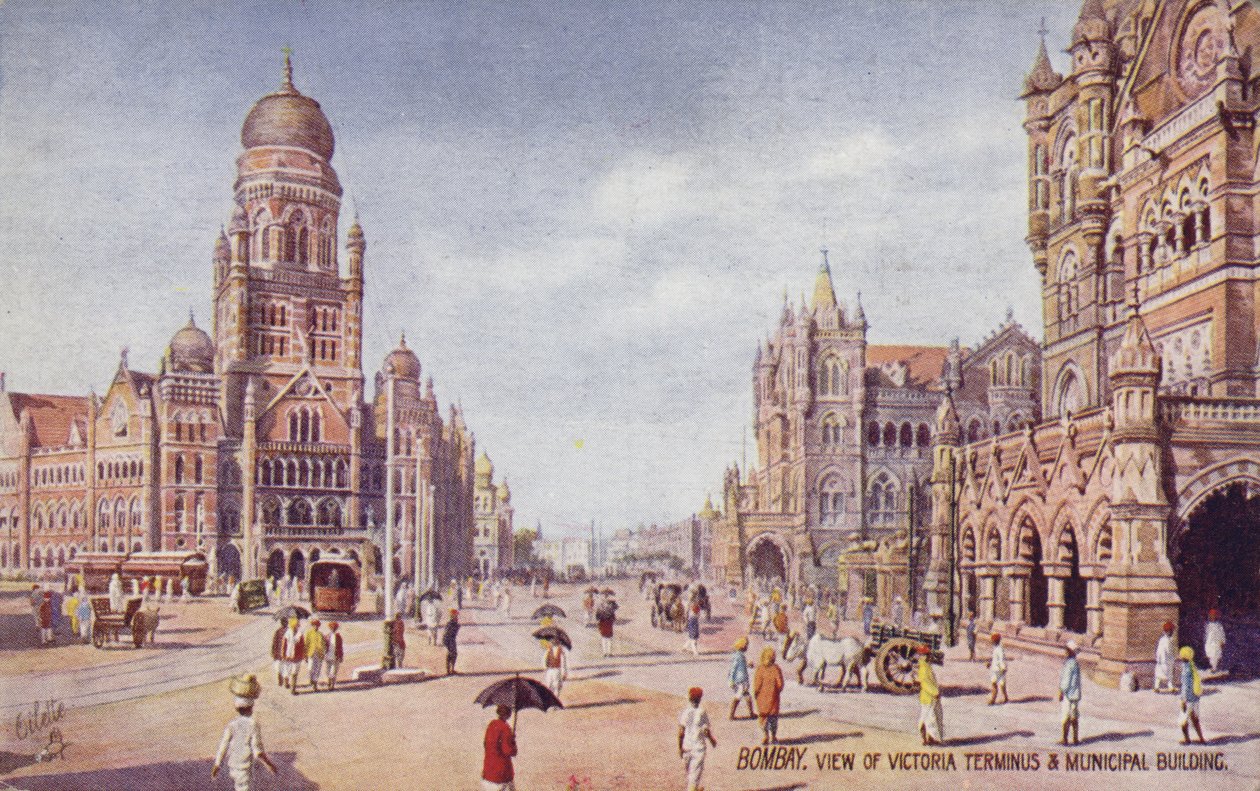 A Victoria Terminus és a városi épület látképe, Bombay (színes lithó) alkotó: English School