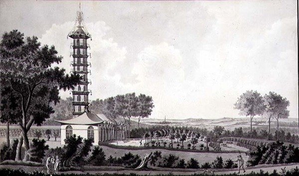 Kilátás egy holland kertre kínai pagodával, 1770 körül (toll és tinta akvarellel papíron) alkotó: English School