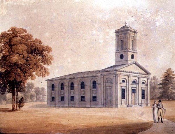 Egy neoklasszikus templom látképe egy parkban, 1790 körül (akvarell, papír) alkotó: English School