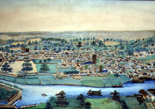 Kilátás a városra és a folyóra, 1830 körül (akvarell, papír) alkotó: English School