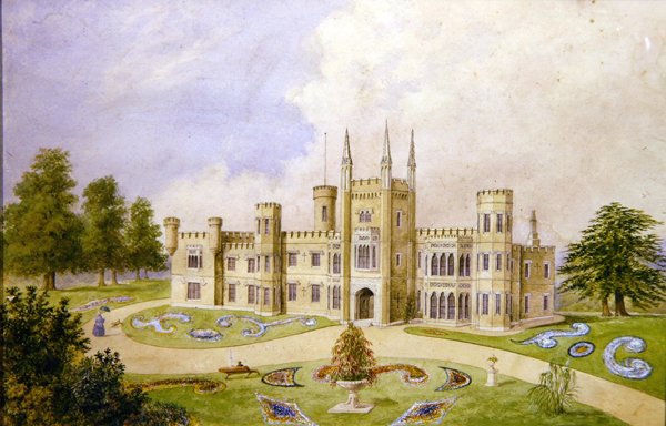 Kilátás egy gótikus stílusú vidéki házra formális kerttel, 1840 körül (akvarell, papír) alkotó: English School