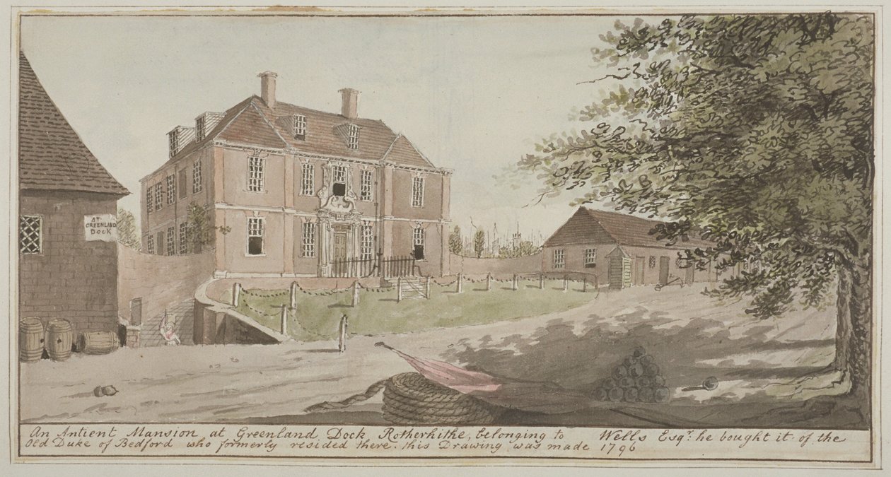 Kilátás egy ősi kastélyra a grönlandi dokknál Rotherhithe-ben, Bermondsey államban, 1796 (wc papíron) alkotó: English School