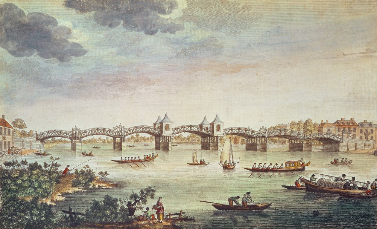 Kilátás a Temzén átívelő hídra Hampton Courtban, John Bowles metszetével (fl. 1724-56) alkotó: English School