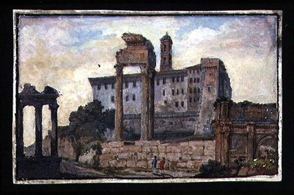 Kilátás a Capitoliumra és Castor és Pollux templomaira, Róma, 1800 körül (guache papíron) alkotó: English School