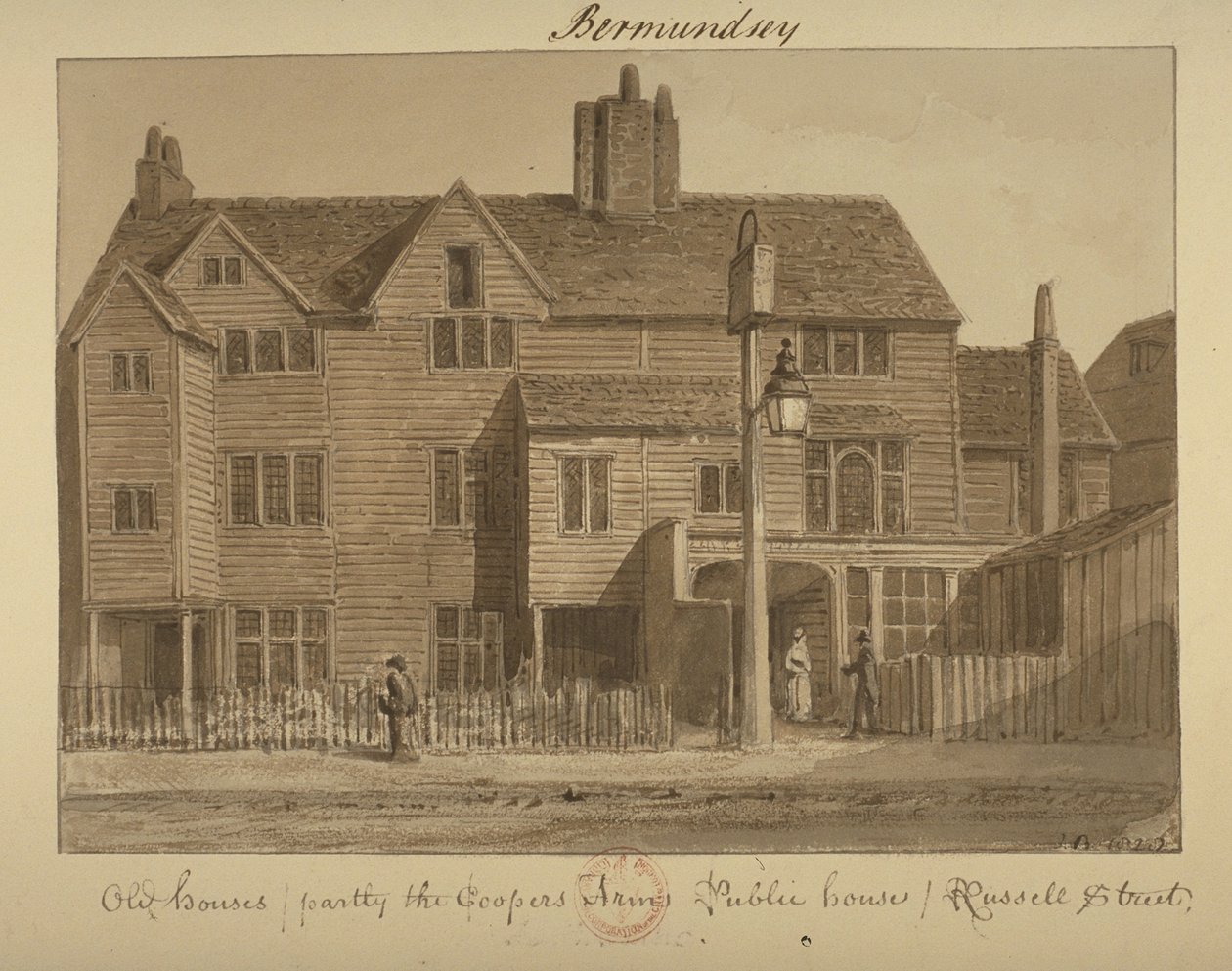 Kilátás a Coopers Arms Innre, Russell Street, 1828 (mosás papíron) alkotó: English School