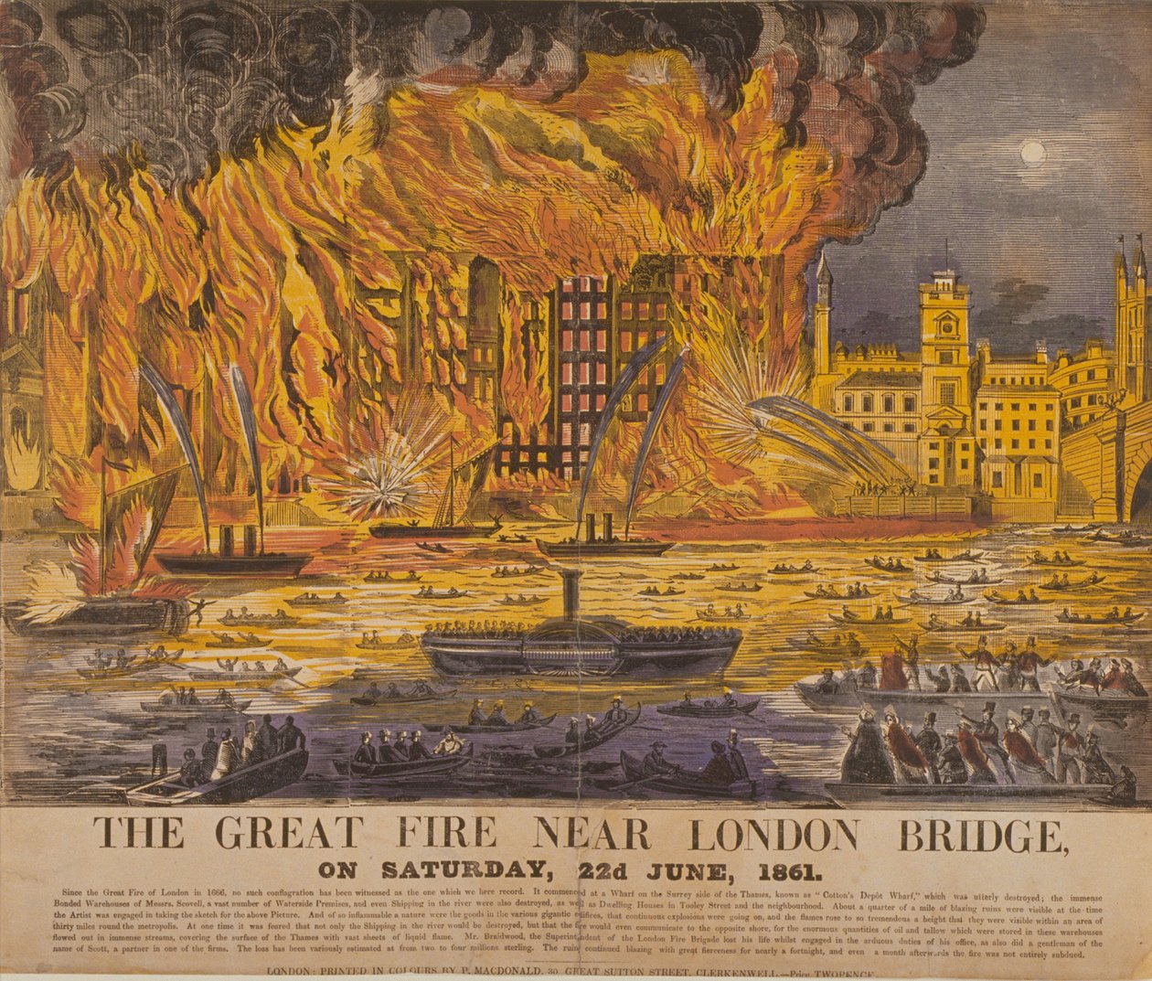 Kilátás a Cottons Wharf Fire-re, 1861 (színes fametszet) alkotó: English School