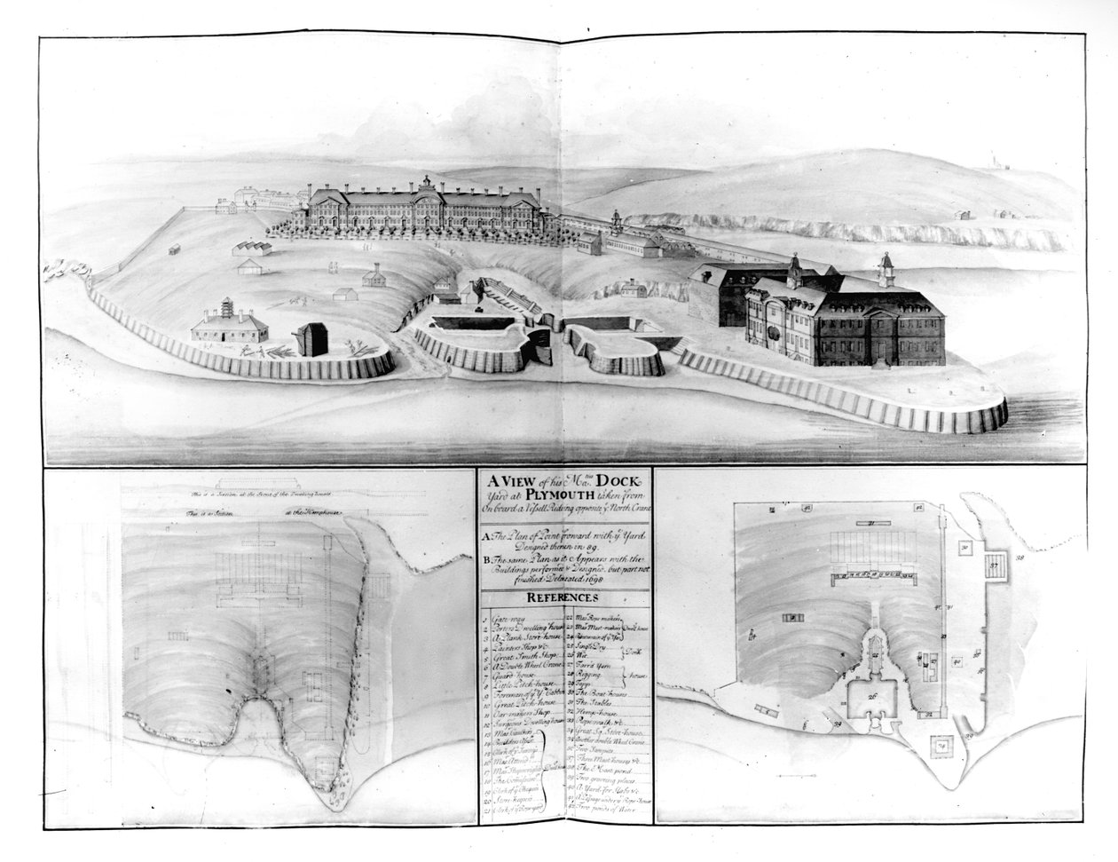 Kilátás a Plymouth-i Dockyardra, 1608 (wc, toll és tinta papíron) alkotó: English School