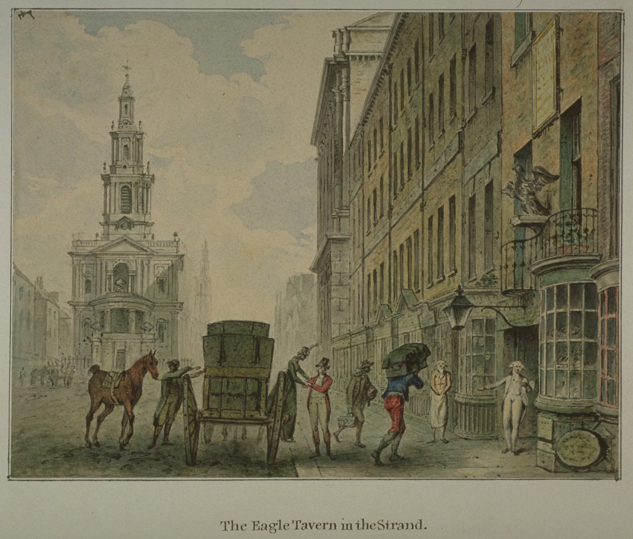Kilátás az Eagle Tavernre a Westminster-i Strandben, egy férfival, aki árut rak ki lovaskocsiról az úton, és St Mary le Stranddal a távolban, 1800 körül (akvarell, papír) alkotó: English School