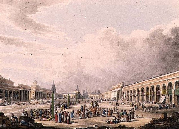 Kilátás a Nagy térre a moszkvai üzletekkel, 3. tábla a "Moszkva történelmi vázlatából", kocsma. Írta: Rudolph Ackermann (1764-1834) 1813 (akvatinta) alkotó: English School
