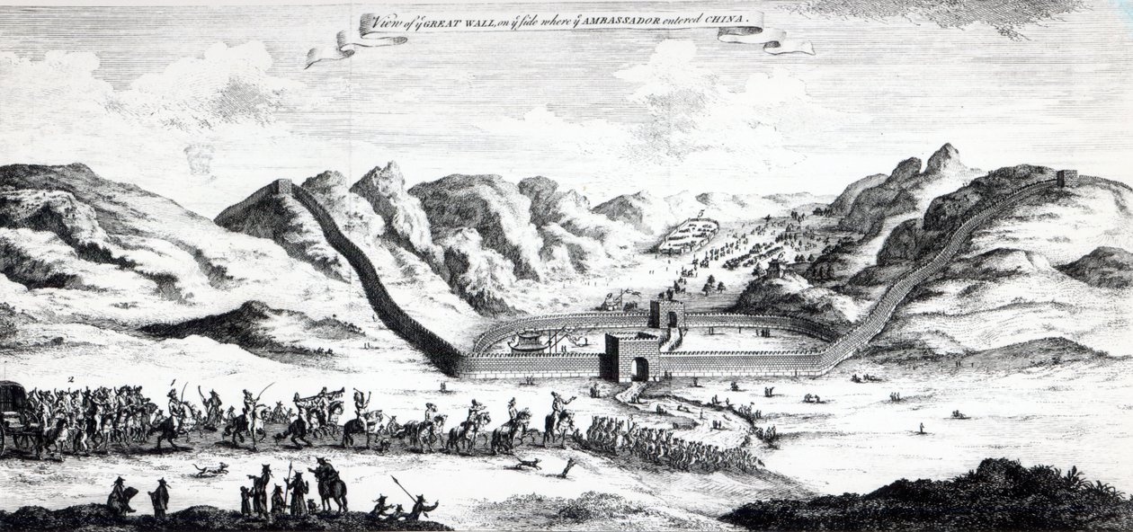 Kilátás a Nagy Falra azon az oldalon, ahol a nagykövet belépett Kínába, John Harris „Utazások és utazások gyűjteménye” című művéből, 1748 alkotó: English School