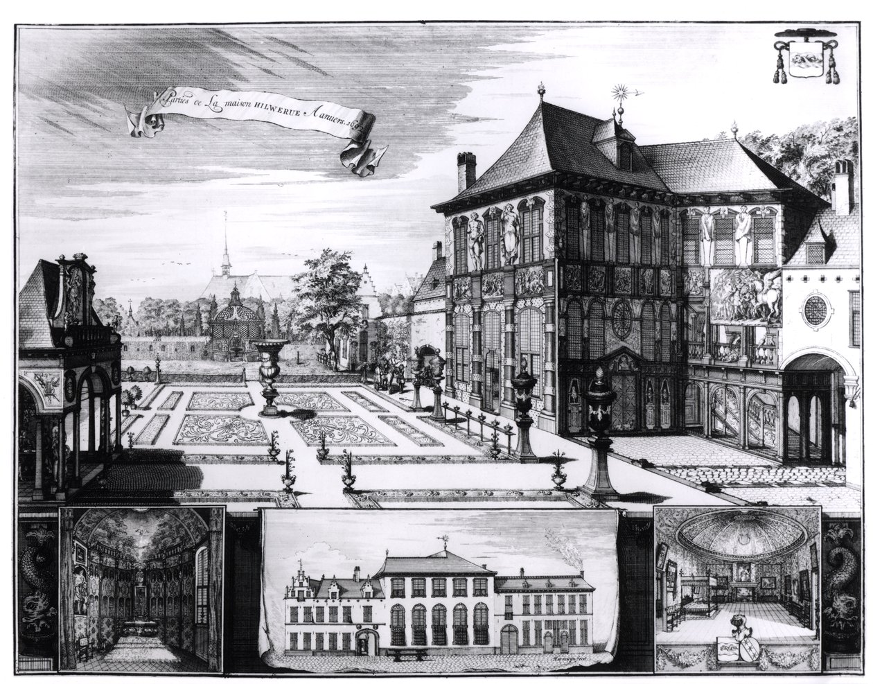 Kilátás a Peter Paul Rubenshez (1577-1640) tartozó Hilwerue-házról 1692 (metszet) (bw fotó) alkotó: English School