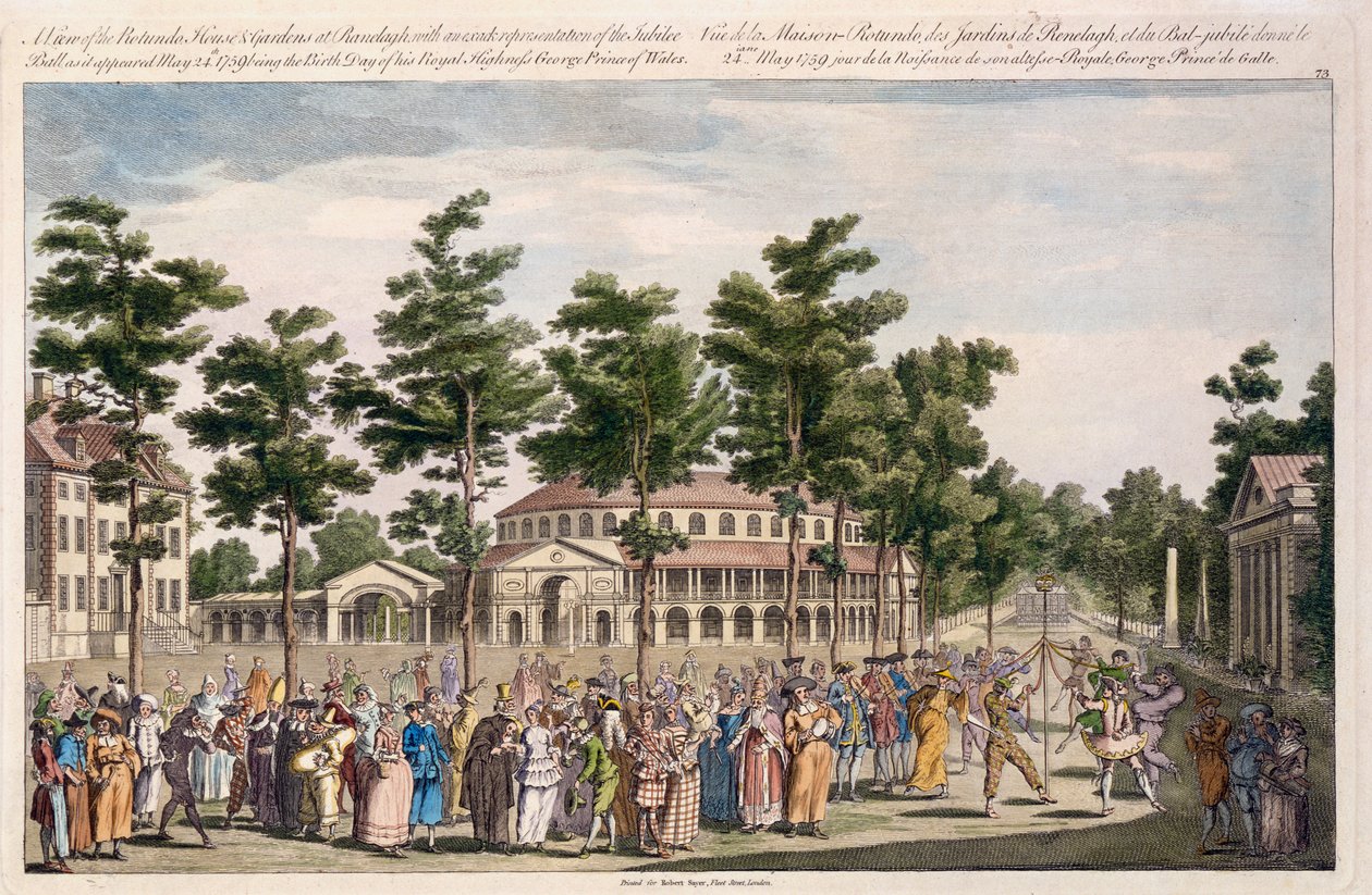 Kilátás a jubileumi bálra, a Ranelagh Gardens-ben, George, walesi herceg születésnapja alkalmából, 1759. május 24-én (kézzel színezett metszet) alkotó: English School