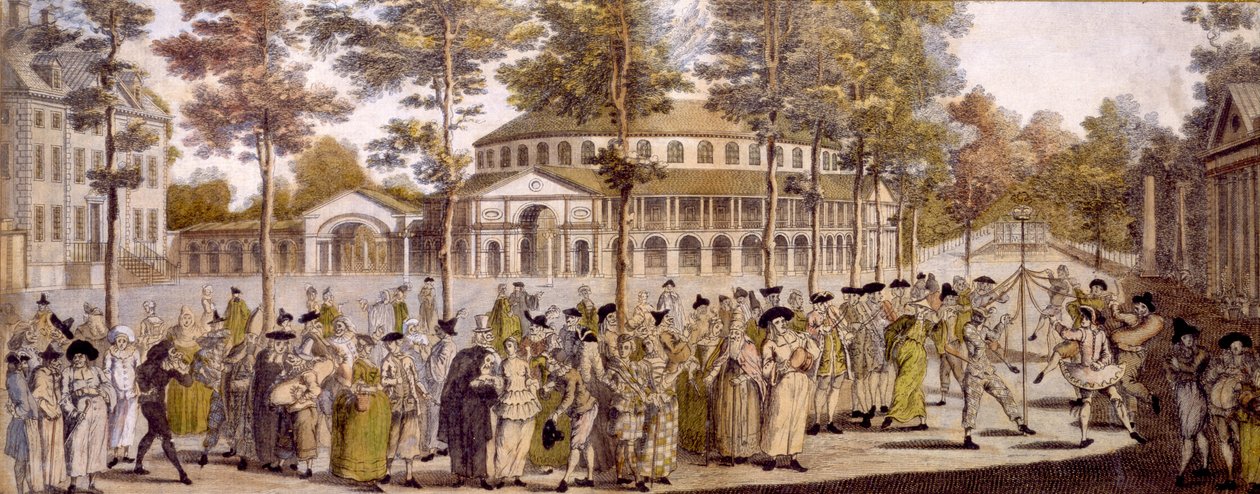 Kilátás a jubileumi bálra, a Ranelagh Gardens-ben, George, walesi herceg születésnapja alkalmából, 1759. május 24-én (kézzel színezett metszet) alkotó: English School