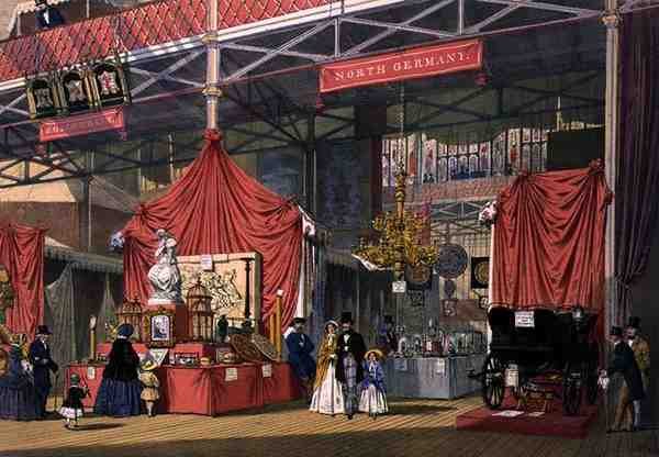 Kilátás a Klier and Sons hangszerstandjára, az 1851-es Nagy Kiállítás északnémet részében, Dickinson átfogó képeiből (színes litó) alkotó: English School