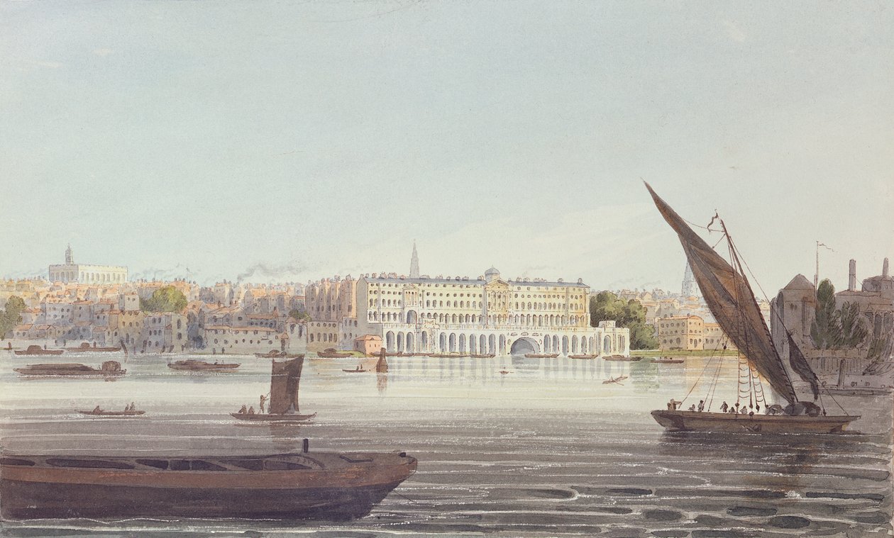A New Somerset House folyó felőli homlokzatának látképe a Bankside felől, 1796 alkotó: English School
