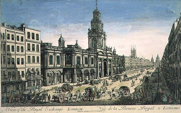 Kilátás a londoni királyi tőzsdére, Pierre Moithey metszetével alkotó: English School