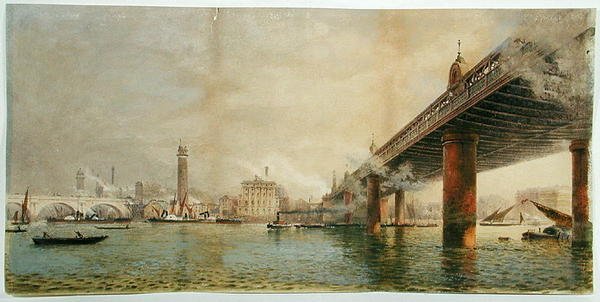 Kilátás a Temze déli partjára, Waterloo és Hungerford Bridges között, 1870 körül (akvarell papíron) alkotó: English School