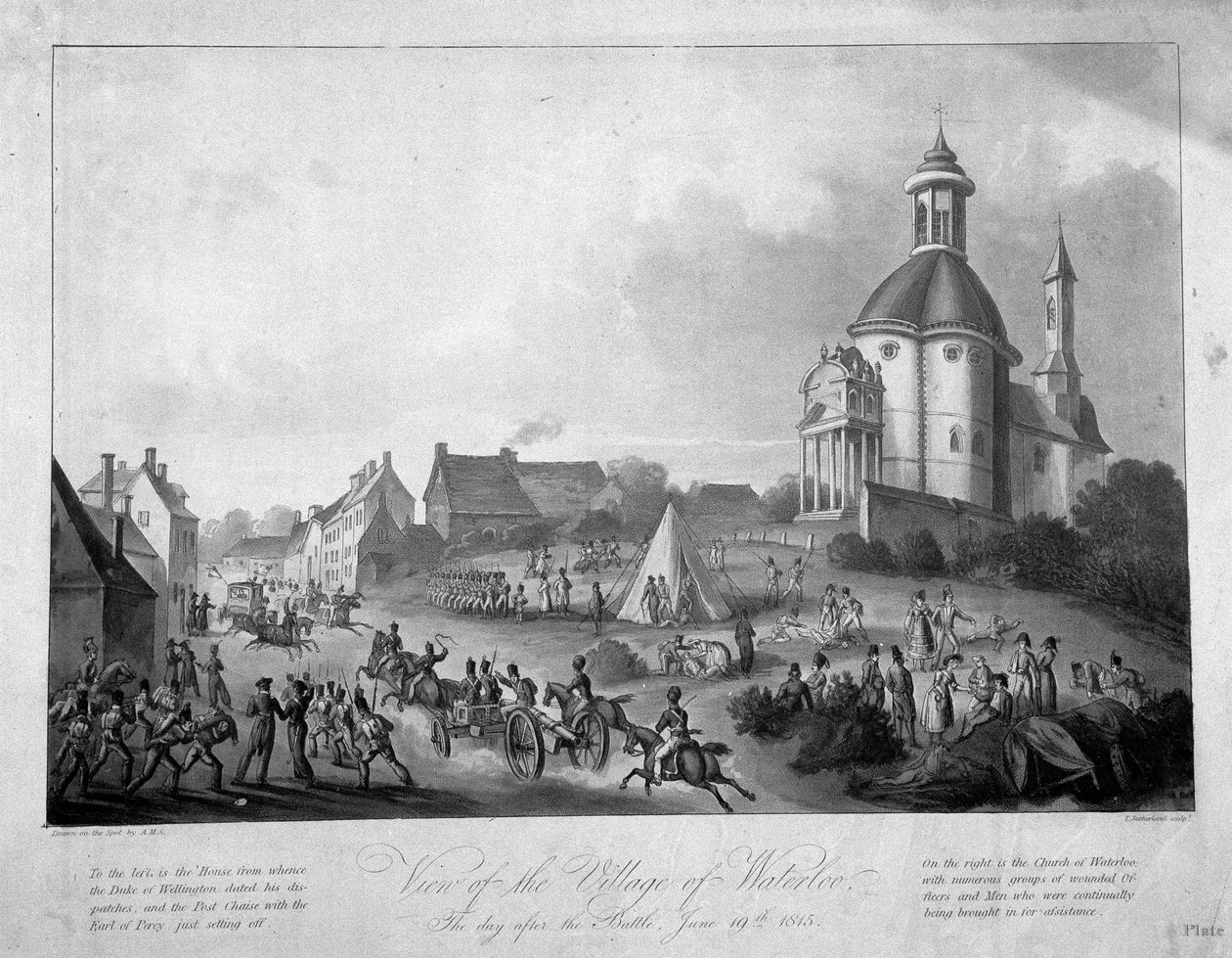 Waterloo falu látképe a csata másnapján, 1815. június 19., 1816. (színes akvatinta) alkotó: English School