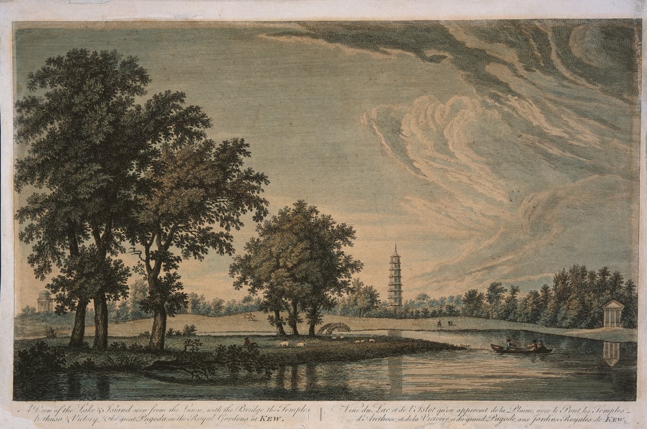 Kilátás a tóra és a szigetre a Royal Botanic Gardens Kew-nél (kézzel színezett metszet) alkotó: English School