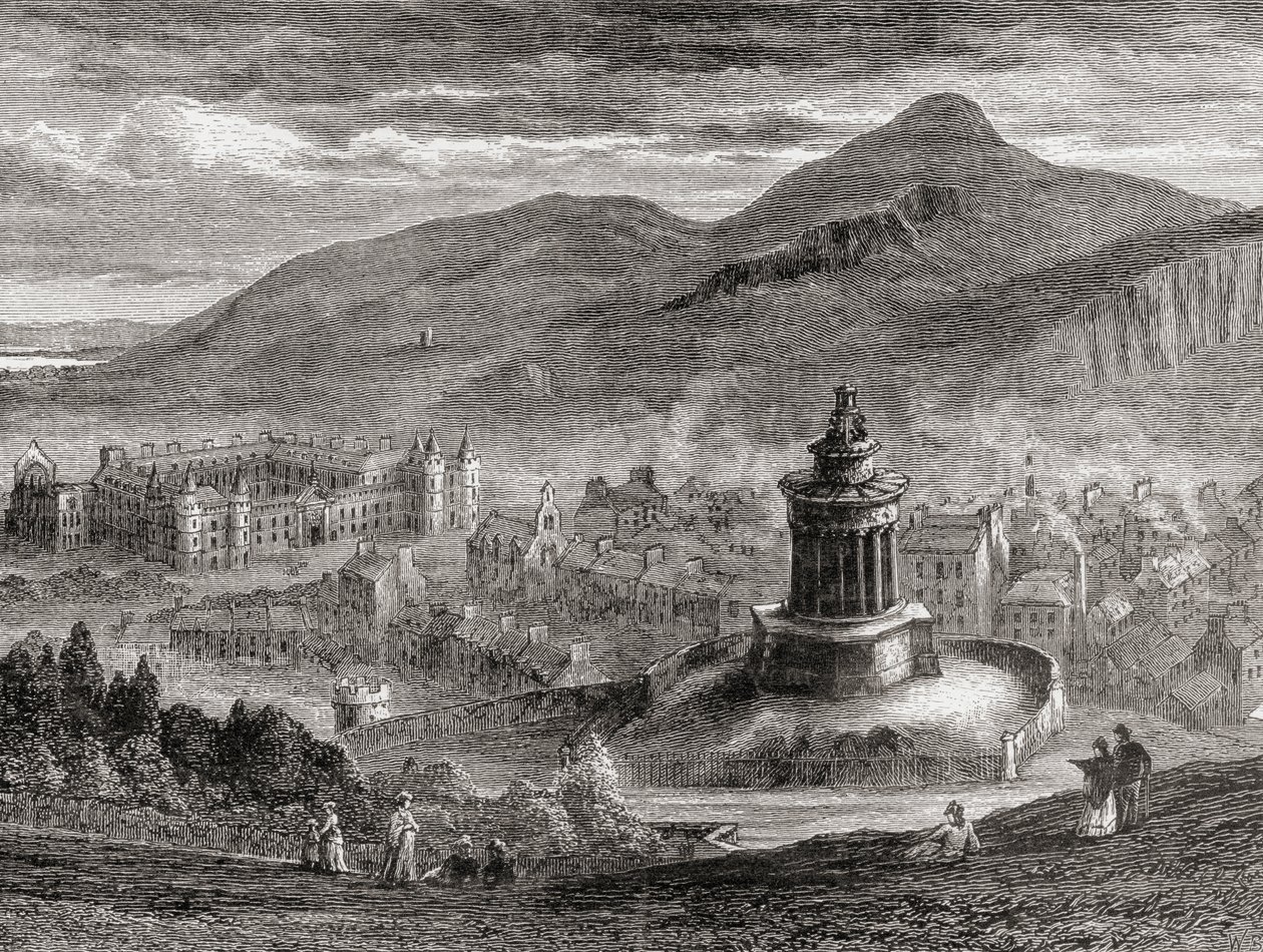Kilátás Edinburghra a Calton Hill-i Burns emlékműről, Samuel G. Green 1886-ban megjelent „Scottish Pictures Drawn with Pencil” című könyvéből alkotó: English School