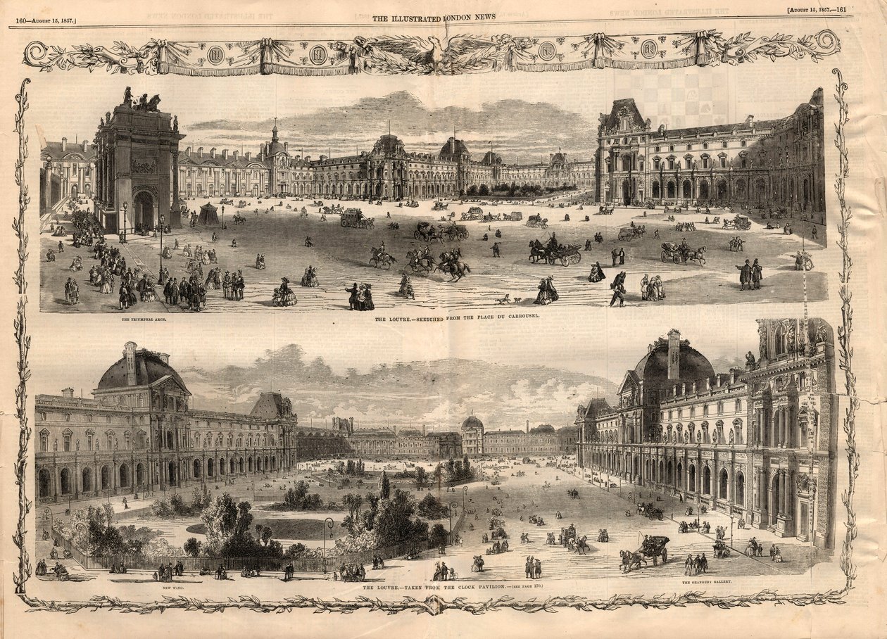 Kilátás a Cour Carree du Louvre-ra Párizsban. Metszet az 1857. augusztus 15-i „The illustrated London News”-ban. alkotó: English School