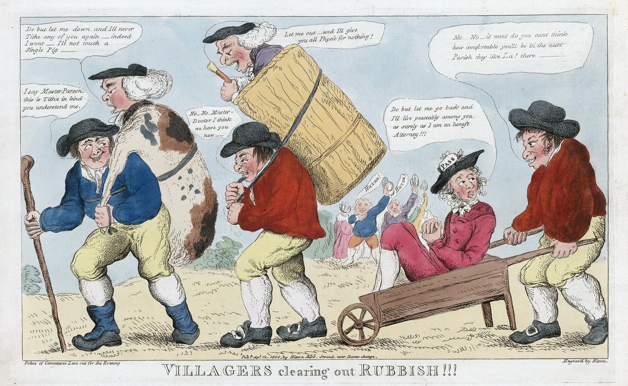 Falusiak Szemételtakarítás!!!, kocsma. 1800 (kézzel színezett gravírozás) alkotó: English School
